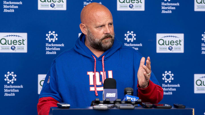 Brian Daboll, head coach of the NY Giants, addresses the press at Quest Diagnostics Training Center, East Rutherford, NJ, May 28, 2025.