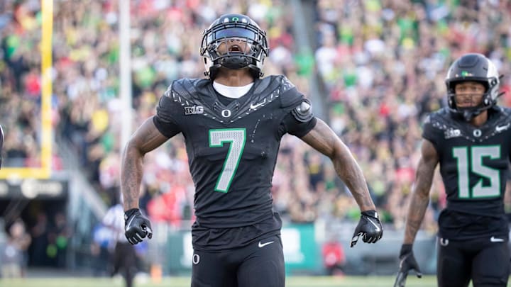 Oregon Ducks wide receiver Evan Stewart celebrates a long reception as the No. 3 Oregon Ducks host the No. 2 Ohio State Buckeyes Saturday, Oct. 12, 2024 at Autzen Stadium in Eugene, Ore.