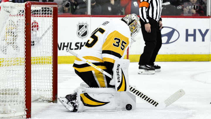 Apr 11, 2025; Newark, New Jersey, USA; Pittsburgh Penguins goaltender Tristan Jarry (35) makes a save against the New Jersey Devils during the second period at Prudential Center. Mandatory Credit: John Jones-Imagn Images
