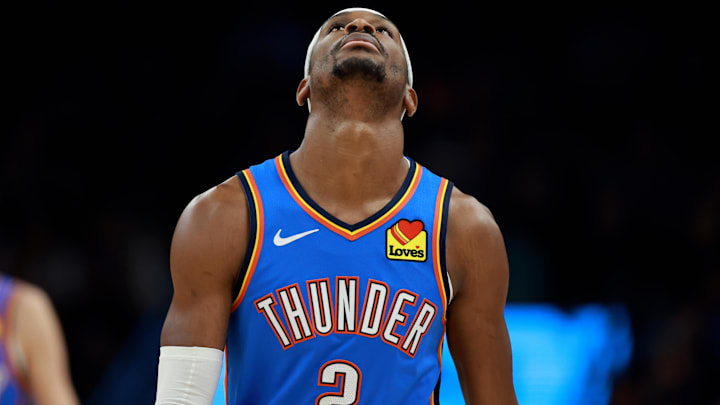 Jan 4, 2026; Phoenix, Arizona, USA; Oklahoma City Thunder guard Shai Gilgeous-Alexander (2) reacts against the Phoenix Suns in the first half at Mortgage Matchup Center. Mandatory Credit: Mark J. Rebilas-Imagn Images Jan 4, 2026; Phoenix, Arizona, USA; Oklahoma City Thunder guard Shai Gilgeous-Alexander (2) reacts against the Phoenix Suns in the first half at Mortgage Matchup Center. Mandatory Credit: Mark J. Rebilas-Imagn Images