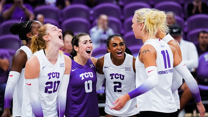 Sept. 6, 2025: TCU Volleyball players celebrate a point in their win over No. 19 UCLA in Schollmaier Arena.