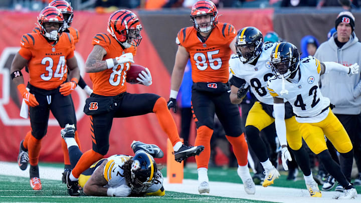 Cincinnati Bengals wide receiver Jermaine Burton (81) runs back a kick in the second quarter of the NFL Week 13 game between the Cincinnati Bengals and the Pittsburgh Steelers at Paycor Stadium in downtown Cincinnati on Sunday, Dec. 1, 2024.