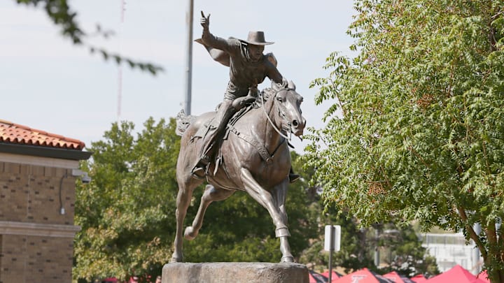 Sep 30, 2023; Lubbock, Texas, USA;  A general view of the Texas Tech Red Raiders masked rider statue