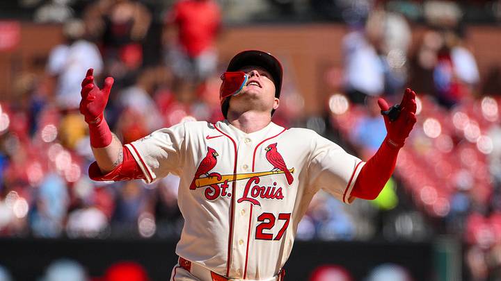 Apr 25, 2026; St. Louis, Missouri, USA; St. Louis Cardinals left fielder Nathan Church (27) reacts as he runs the bases after hitting a two run home run against the Seattle Mariners during the seventh inning at Busch Stadium. Mandatory Credit: Jeff Curry-Imagn Images