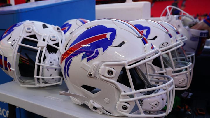 Jan 26, 2025; Kansas City, MO, USA; A detailed view of the Buffalo Bills helmet before the AFC Championship game against the Kansas City Chiefs at GEHA Field at Arrowhead Stadium. Mandatory Credit: Denny Medley-Imagn Images