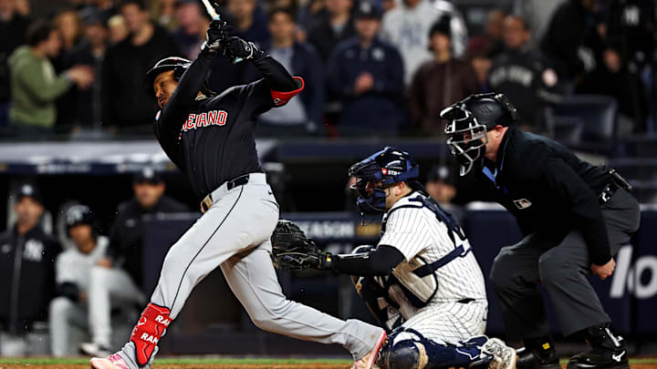 Oct 14, 2024; Bronx, New York, USA; Cleveland Guardians third base José Ramírez (11) breaks his bat during the sixth inning against the New York Yankees in game one of the ALCS for the 2024 MLB Playoffs at Yankee Stadium. Mandatory Credit: Wendell Cruz-Imagn Images