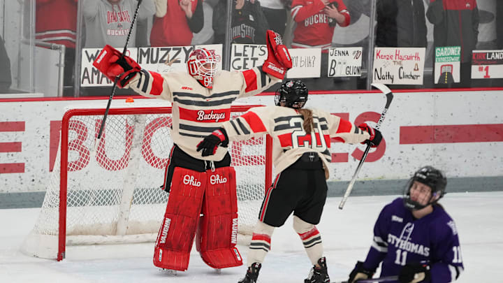 Feb 17, 2024; Columbus, Ohio, USA; Ohio State goaltender Raygan Kirk (1) celebrates the 4-1 win over