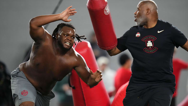 Ohio State Buckeyes defensive tackle Kayden McDonald runs a drill during Pro Day for NFL scouts at the Woody Hayes Athletics Center on March 25, 2026. Ohio State Buckeyes defensive tackle Kayden McDonald runs a drill during Pro Day for NFL scouts at the Woody Hayes Athletics Center on March 25, 2026.