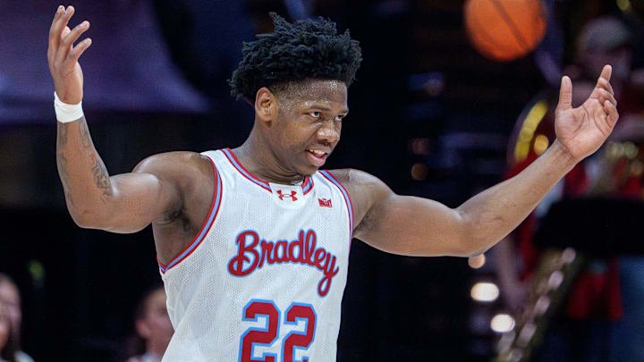 Bradley’s Jaquan Johnson celebrates as the Braves defeat Southern Illinois 73-69 in their Missouri Valley Conference college basketball home opener Sunday, Dec. 21, 2025 at Carver Arena in Peoria.