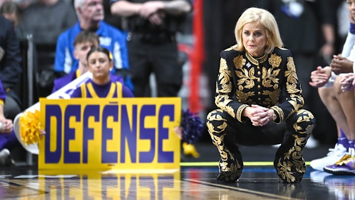Mar 28, 2025; Spokane, WA, USA; LSU Lady Tigers head coach Kim Mulkey looks on against the NC State Wolfpack during the second half of a Sweet 16 NCAA Tournament basketball game at Spokane Arena. Mandatory Credit: James Snook-Imagn Images Mar 28, 2025; Spokane, WA, USA; LSU Lady Tigers head coach Kim Mulkey looks on against the NC State Wolfpack during the second half of a Sweet 16 NCAA Tournament basketball game at Spokane Arena. Mandatory Credit: James Snook-Imagn Images