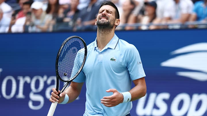 Novak Djokovic reacts after losing a point during the U.S. Open semifinals.