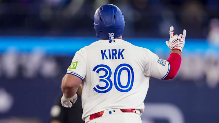 Mar 28, 2026; Toronto, Ontario, CAN; Toronto Blue Jays catcher Alejandro Kirk (30) celebrates hitting a home run against the Athletics during the ninth inning at Rogers Centre