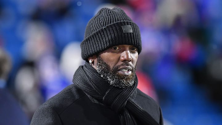 Dec 6, 2021; Orchard Park, New York, USA; ESPN commentator and NFL Hall of Fame member Randy Moss on the sidelines before a game between the Buffalo Bills and  New England Patriots at Highmark Stadium.