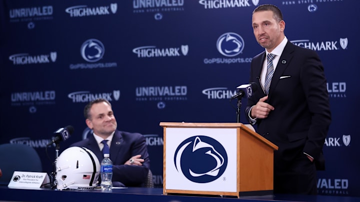 Dec 8, 2025; University Park, PA, USA; Matt Campbell is announced as the Penn State Nittany Lions new head coach during a press conference at the Beaver Stadium Press Room. Mandatory Credit: Matthew O'Haren-Imagn Images