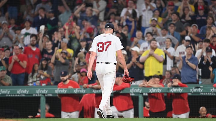 Jul 29, 2024; Boston, Massachusetts, USA; Boston Red Sox starting pitcher Nick Pivetta (37) is relived of his pitching duties during the seventh inning against the Seattle Mariners at Fenway Park. Mandatory Credit: Eric Canha-Imagn Images