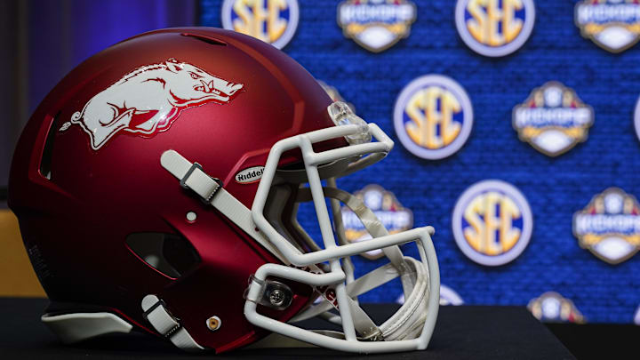 Jul 20, 2022; Atlanta, GA, USA; The Arkansas helmet shown before on the stage during SEC Media Days at the College Football Hall of Fame. Mandatory Credit: Dale Zanine-Imagn Images