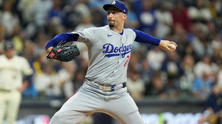 Los Angeles Dodgers starting pitcher Blake Snell (7) pitches during the first inning of the of their National League Championship Series game against the Milwaukee Brewers October 13, 2025 at American Family Field in Milwaukee, Wisconsin.