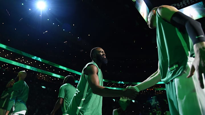 Dec 17, 2023; Boston, Massachusetts, USA; Boston Celtics guard Jaylen Brown (7) shakes hands with center Kristaps Porzingis (8) during introductions prior to a game against the Orlando Magic at TD Garden. Mandatory Credit: Bob DeChiara-Imagn Images Dec 17, 2023; Boston, Massachusetts, USA; Boston Celtics guard Jaylen Brown (7) shakes hands with center Kristaps Porzingis (8) during introductions prior to a game against the Orlando Magic at TD Garden. Mandatory Credit: Bob DeChiara-Imagn Images