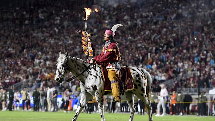 Nov 15, 2025; Tallahassee, Florida, USA; Florida State Seminoles symbols Osceola and Renegade before the game against the Virginia Tech Hokies at Doak S. Campbell Stadium. Mandatory Credit: Melina Myers-Imagn Images