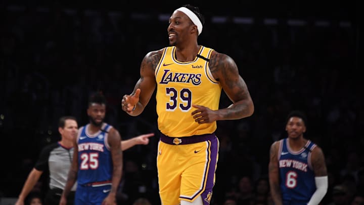 Jan 7, 2020; Los Angeles, California, USA; Los Angeles Lakers center Dwight Howard (39) celebrates in the second quarter against the New York Knicks at Staples Center. Mandatory Credit: Kirby Lee-Imagn Images