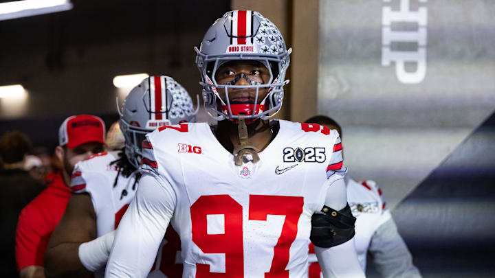 Jan 20, 2025; Atlanta, GA, USA; Ohio State Buckeyes defensive end Kenyatta Jackson Jr. (97) against the Notre Dame Fighting Irish during the CFP National Championship college football game at Mercedes-Benz Stadium. Mandatory Credit: Mark J. Rebilas-Imagn Images