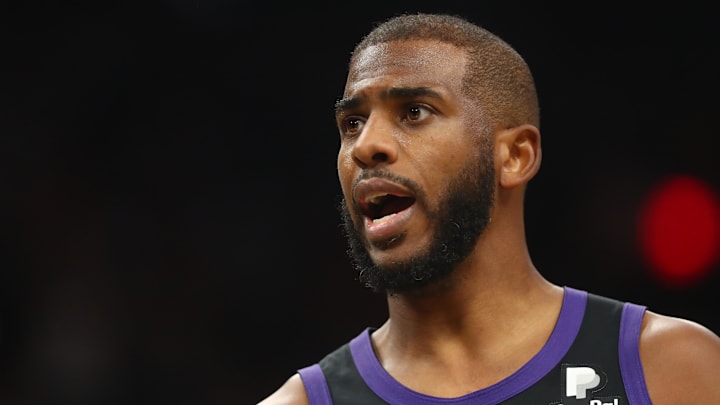 Dec 2, 2021; Phoenix, Arizona, USA; Phoenix Suns guard Chris Paul (3) against the Detroit Pistons at Footprint Center. Mandatory Credit: Mark J. Rebilas-Imagn Images