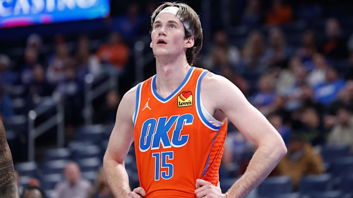 Dec 3, 2024; Oklahoma City, Oklahoma, USA; Oklahoma City Thunder center Branden Carlson (15) during the second half of an NBA Cup game against the Utah Jazz at Paycom Center. Mandatory Credit: Alonzo Adams-Imagn Images
