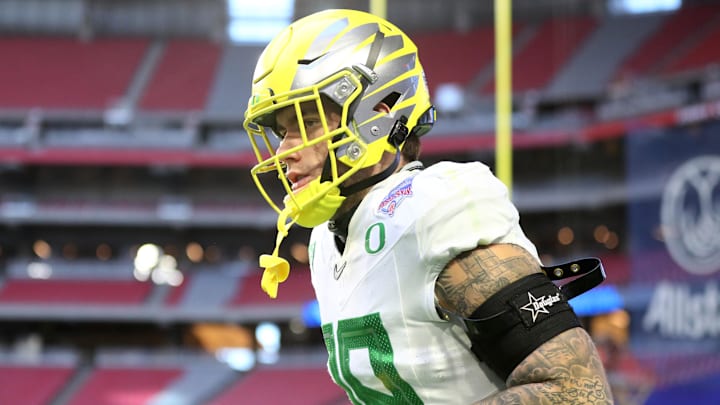Jan 2, 2021; Glendale, AZ, USA; Oregon Ducks tight end Spencer Webb (18) against the Iowa State Cyclones in the Fiesta Bowl at State Farm Stadium. Mandatory Credit: Mark J. Rebilas-Imagn Images