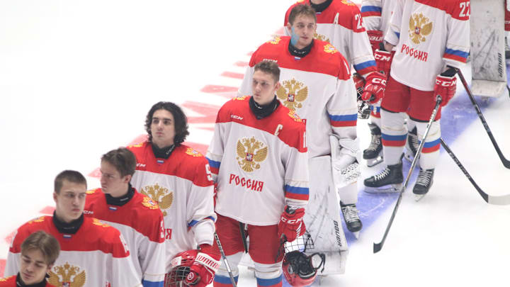 Ivan Ryabkin (11) Russia U18 Hockey team seen in action...