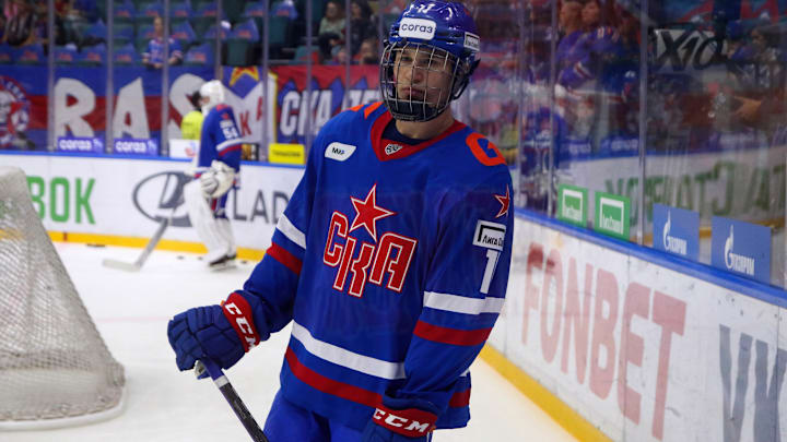 SKA Hockey Club player, Ivan Demidov (11) seen in action...