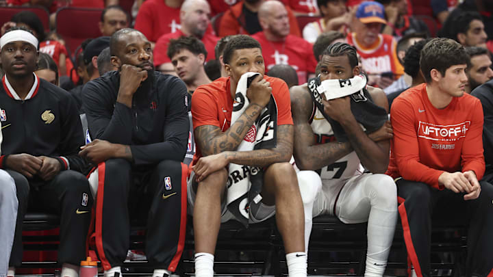May 4, 2025; Houston, Texas, USA; Houston Rockets forward Jabari Smith Jr. (middle left) and forward Tari Eason (middle right) hold towels on their faces during game seven of the first round for the 2025 NBA Playoffs against the Golden State Warriors at Toyota Center. Mandatory Credit: Troy Taormina-Imagn Images May 4, 2025; Houston, Texas, USA; Houston Rockets forward Jabari Smith Jr. (middle left) and forward Tari Eason (middle right) hold towels on their faces during game seven of the first round for the 2025 NBA Playoffs against the Golden State Warriors at Toyota Center. Mandatory Credit: Troy Taormina-Imagn Images