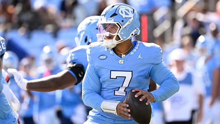 Oct 25, 2025; Chapel Hill, North Carolina, USA; North Carolina Tar Heels quarterback Gio Lopez (7) looks to pass in the first quarter at Kenan Stadium. Mandatory Credit: Bob Donnan-Imagn Images Oct 25, 2025; Chapel Hill, North Carolina, USA; North Carolina Tar Heels quarterback Gio Lopez (7) looks to pass in the first quarter at Kenan Stadium. Mandatory Credit: Bob Donnan-Imagn Images