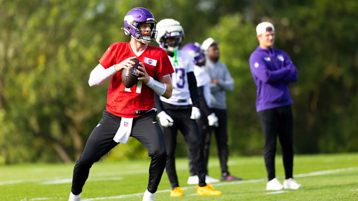 Vikings QB Carson Wentz practices at Hanbury Manor in Ware, Hertfordshire, England.