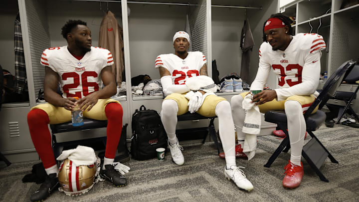San Francisco 49ers defensive backs Samuel Womack (26), Ambry Thomas (20) and Tarvarius Moore (33)