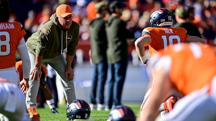 DENVER, CO - NOVEMBER 16: Denver Broncos head coach Sean Payton has a word with quarterback Bo Nix (10) before a game between the Kansas City Chiefs and the Denver Broncos at Empower Field at Mile High on November 16, 2025 in Denver, Colorado. 