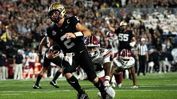 Vanderbilt Commodores quarterback Diego Pavia (2) scores a touchdown against South Carolina Gamecocks during the third quarter at FirstBank Stadium in Nashville, Tenn., Saturday, Nov. 9, 2024.