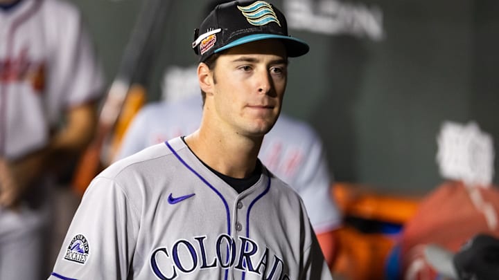 Nov 9, 2025; Mesa, AZ, USA; Colorado Rockies infielder Charlie Condon during the Arizona Fall League Fall Stars Game at Sloan Park.