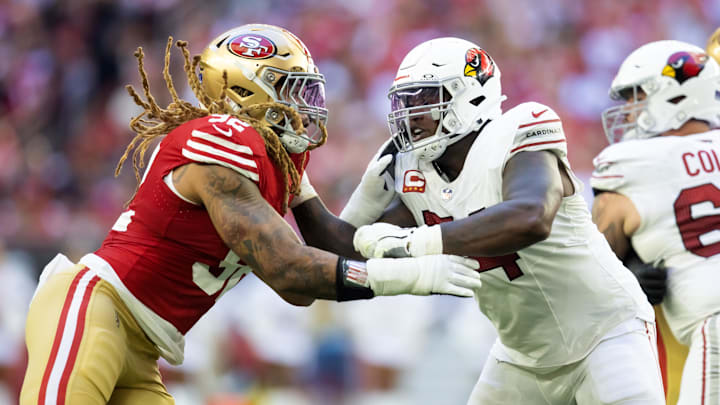 Dec 17, 2023; Glendale, Arizona, USA; San Francisco 49ers defensive end Chase Young (92) against Arizona Cardinals offensive lineman D.J. Humphries (74) at State Farm Stadium. Mandatory Credit: Mark J. Rebilas-Imagn Images Dec 17, 2023; Glendale, Arizona, USA; San Francisco 49ers defensive end Chase Young (92) against Arizona Cardinals offensive lineman D.J. Humphries (74) at State Farm Stadium. Mandatory Credit: Mark J. Rebilas-Imagn Images