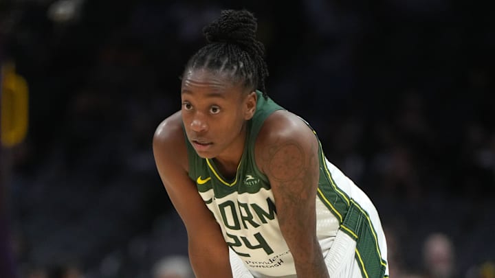 Sep 11, 2024; Los Angeles, California, USA; Seattle Storm guard Jewell Loyd (24) reacts against the LA Sparks in the second half at Crypto.com Arena. Mandatory Credit: Kirby Lee-Imagn Images