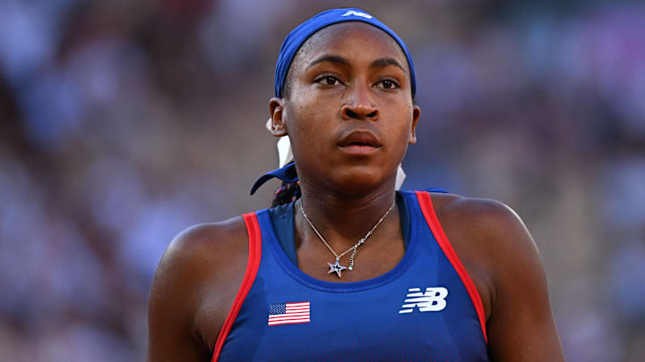 Coco Gauff looks on during her first round tennis match at the 2024 Paris Summer Olympics.
