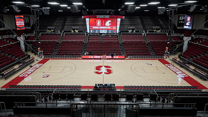 Jan 18, 2024; Stanford, California, USA; A general view of the Maples Pavilion court before the game between the Stanford Cardinal and the Washington State Cougars at Maples Pavilion. Mandatory Credit: Robert Edwards-Imagn Images