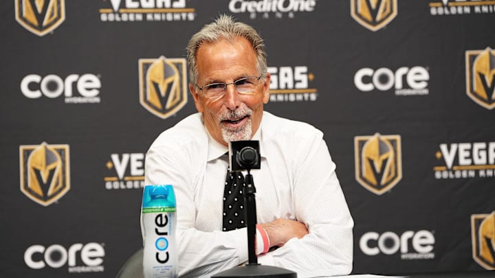 Mar 30, 2026; Las Vegas, Nevada, USA; Vegas Golden Knights head coach John Tortorella holds a presser after the Golden Knights defeated the Vancouver Canucks 4-2 at T-Mobile Arena. Mandatory Credit: Stephen R. Sylvanie-Imagn Images