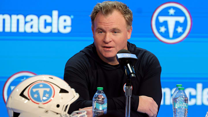 Titans general manager Mike Borgonzi speaks to members of the media during a pre NFL draft press conference held at the Titans practice facility Thursday, April 16, 2026.