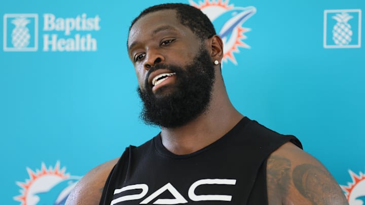 Miami Dolphins offensive tackle Terron Armstead (72) talks to reporters after joint practice with the Washington Commanders at Baptist Health Training Complex last summer.