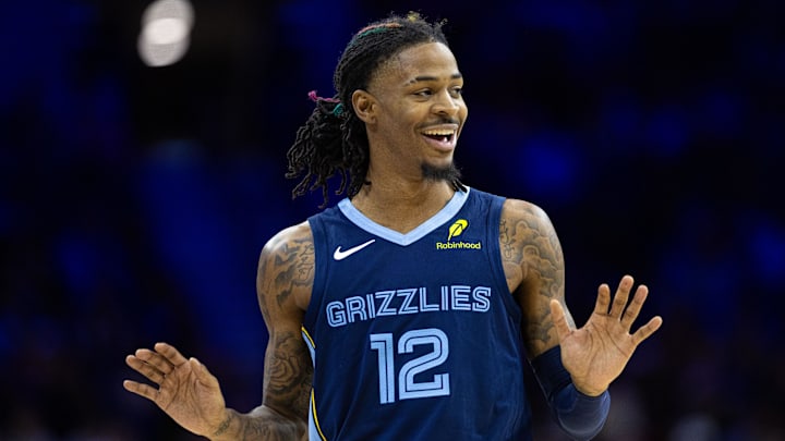 Nov 2, 2024; Philadelphia, Pennsylvania, USA; Memphis Grizzlies guard Ja Morant (12) reacts to an officials  call during the second quarter against the Philadelphia 76ers at Wells Fargo Center.