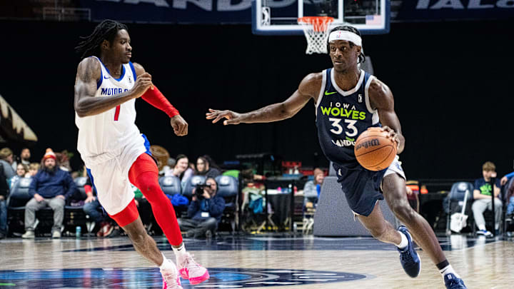 Iowa's Leonard Miller drives to the basket during an Iowa Wolves vs. Motor City Cruise game at Wells Fargo Arena on Friday, Dec. 13, 2024, in Des Moines.
