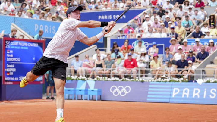 Jul 31, 2024; Paris, France; Dominik Koepfer (Germany) during the Paris 2024 Olympic Summer Games at Stade Roland Garros. Jul 31, 2024; Paris, France; Dominik Koepfer (Germany) during the Paris 2024 Olympic Summer Games at Stade Roland Garros.