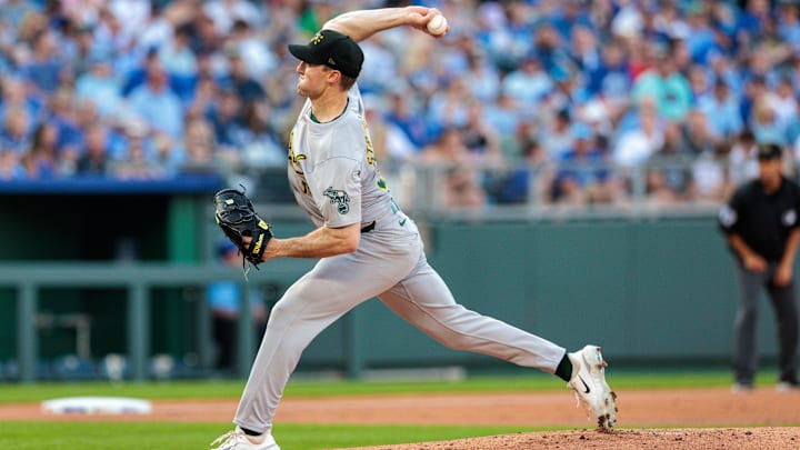 Oakland Athletics pitcher Brandon Bielak (37) pitching during the first inning against the Kansas City Royals at Kauffman Stadium on Msy 18, 2024.