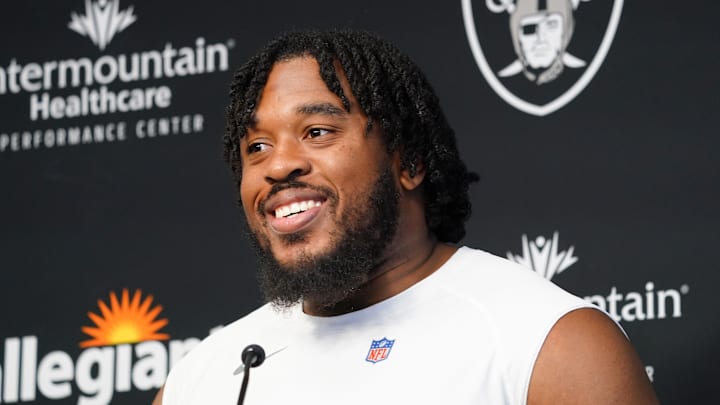 Jul 28, 2022; Las Vegas, Nevada, US; Las Vegas Raiders guard Dylan Parham (66) answers questions to the media during training camp at Intermountain Healthcare Performance Center.  Mandatory Credit: Lucas Peltier-Imagn Images