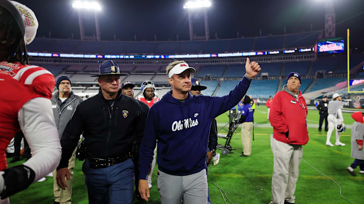 Mississippi Rebels head coach Lane Kiffin gives a thumbs up while walking off the field after the game of the TaxSlayer Gator Bowl Thursday, Jan. 2, 2025 at EverBank Stadium in Jacksonville, Fla. Ole Miss defeated Duke 52-20. [Corey Perrine/Florida Times-Union]